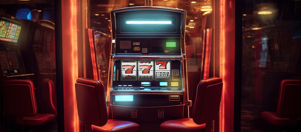 kaszinó nyerőgép, klasszikus 777 szimbólumok, BAR ikonok, piros székek, neonfény, játékterem