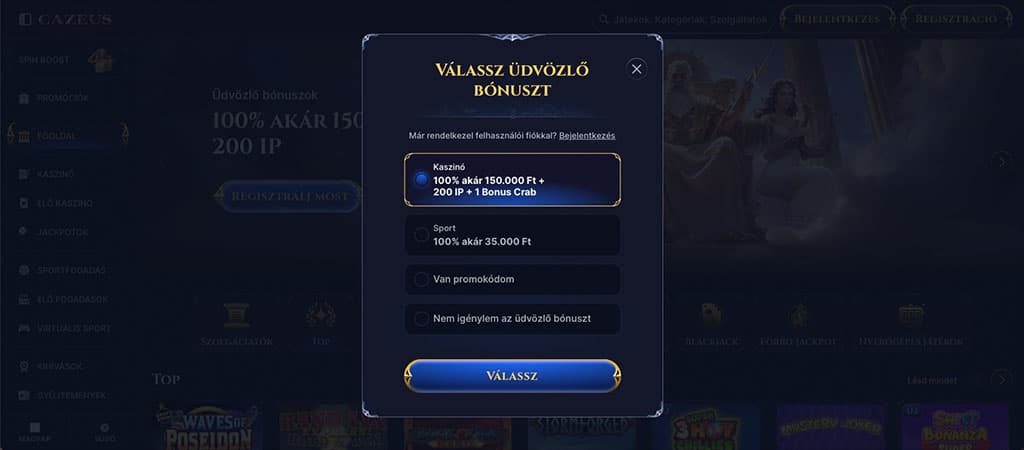 Cazeus casino, üdvözlő bónusz választás, ingyen pörgetés, Bonus Crab, sport bónusz, promóciós kód, regisztrációs felület
