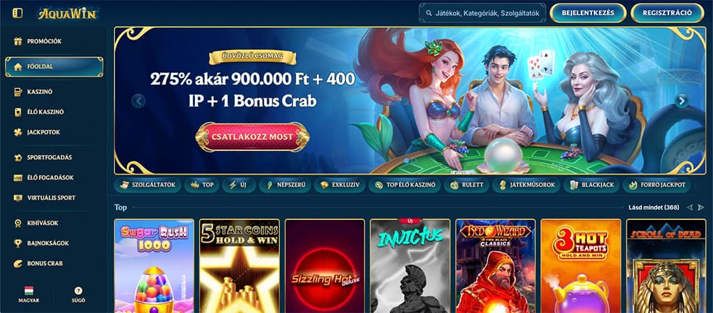 AquaWin, online kaszinó, üdvözlő bónusz, ingyenes pörgetések, jackpot, rulett, blackjack, játékshow, nyerőgépek, regisztráció