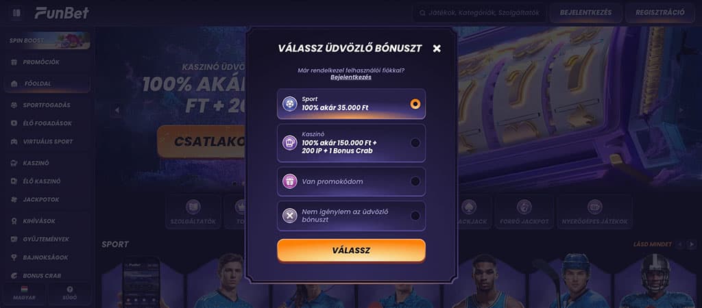 FunBet regisztráció, üdvözlő bónusz választás, kaszinó bónusz, 200 ingyen pörgetés, promóciós kód, csatlakozás