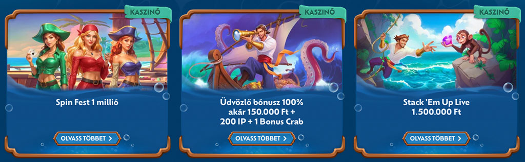 Winbay kaszinó promóciók, Spin Fest, üdvözlő bónusz, 200 ingyen pörgetés, Stack ’Em Up Live, kalózok, tenger