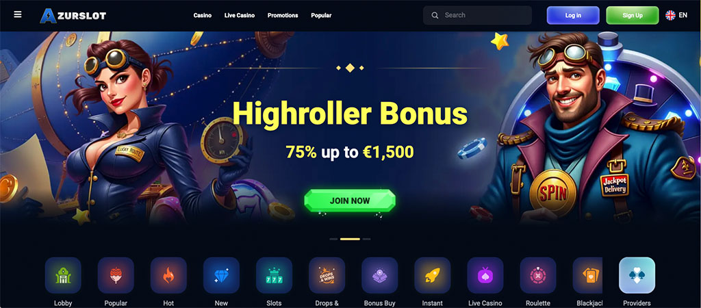 Azurslot kaszinó, főoldal, Highroller bónusz, Jackpot Delivery, Lucky Pirate, steampunk, kaszinó játékok, online kaszinó