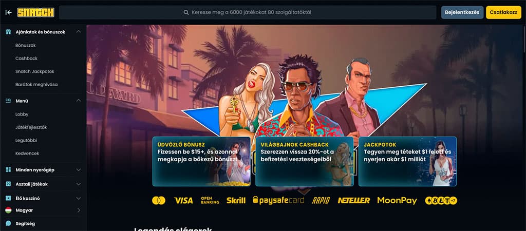 Snatch casino, főoldal, gta, férfi, nők, pálmafás háttér, bónuszajánlatok, logók, üdvözlő bónusz, cashback, jackpot