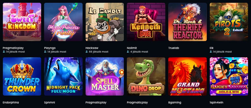online kaszinó, nyerőgépek, játékok, Thunder crown, Midnight pack, Spell master, Dino drop, Grand mustang, Lucky sakura