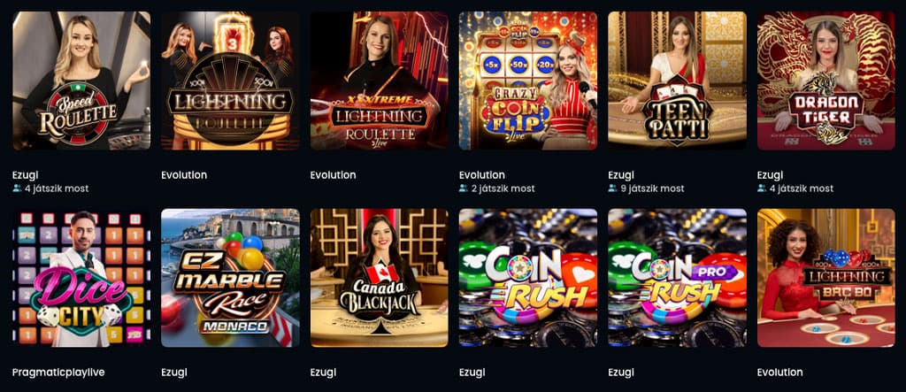 élő kaszinó, játékok, krupié, Speed roulette, Lightning roulette, Crazy coin flip, Dragon tiger, Dice city, Ez marble race