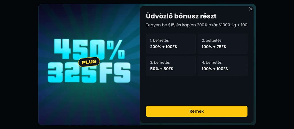üdvözlő bónusz, felugró ablak, 325 ingyen pörgetés, befizetési bónuszok, befizetések, remek