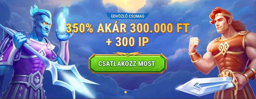 Romibet, üdvözlő csomag, fantasy illusztráció, akció, felhők, fegyverek, bónusz, 300 ingyen pörgetés, csatlakozz most gomb