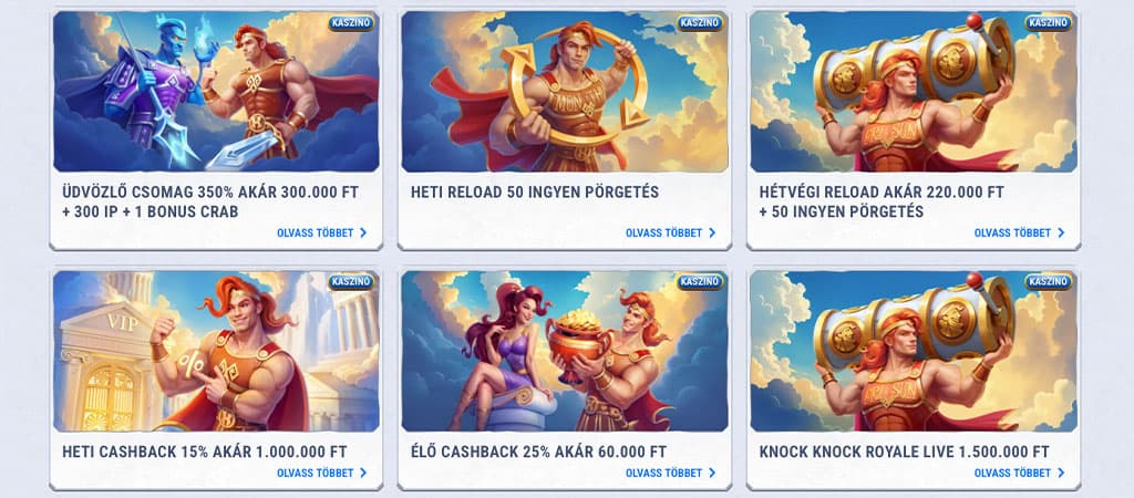 kaszinó promóciók, üdvözlő csomag, heti reload, hétvégi reload, heti cashback, élő cashback, knock knock royale, Hercules