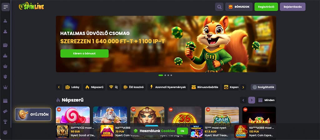 Spinline casino, sündisznó, mókus, erdő, rajzfilmfigura, kaszinó, főoldal, üdvözlő csomag, nyeremény, online játékok