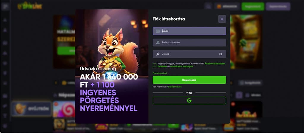 felugró ablak, regisztráció, fiók létrehozás, email, felhasználónév, jelszó, bónusz, mókus, kaszinó