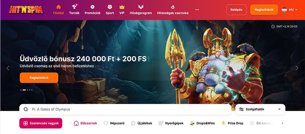 HitnSpin kaszinó, főoldal, viking figura, villám, üdvözlő, bónusz, nyeremény, keresősáv, menüsor