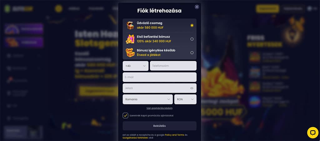 Slotsgem kaszinó, regisztráció, fiók létrehozás, űrlap, befizetési bónusz, üdvözlő csomag, telefonszám, email, jelszó, ország