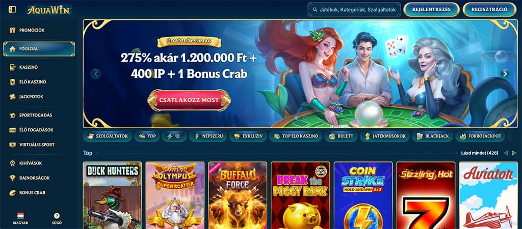AquaWin Casino, üdvözlő csomag, sellők, póker, 400 ingyenes pörgetés, Bonus Crab, Top játékok, kaszinó