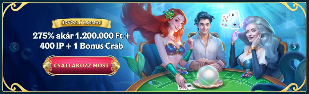 AquaWin Casino, üdvözlő csomag, sellők, kártyajáték, 1.200.000 Ft bónusz, 400 IP, Bonus Crab, tenger, csatlakozz most 