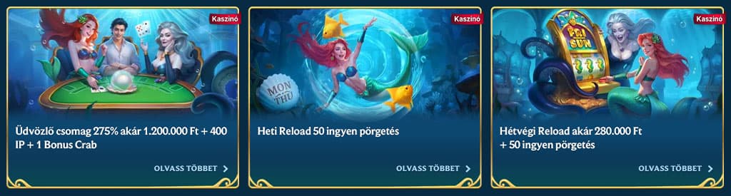 kaszinó, üdvözlő bónusz, 1.2 millió Ft, 400 IP, 280.000 Ft reload, ingyen pörgetések, bónusz crab 