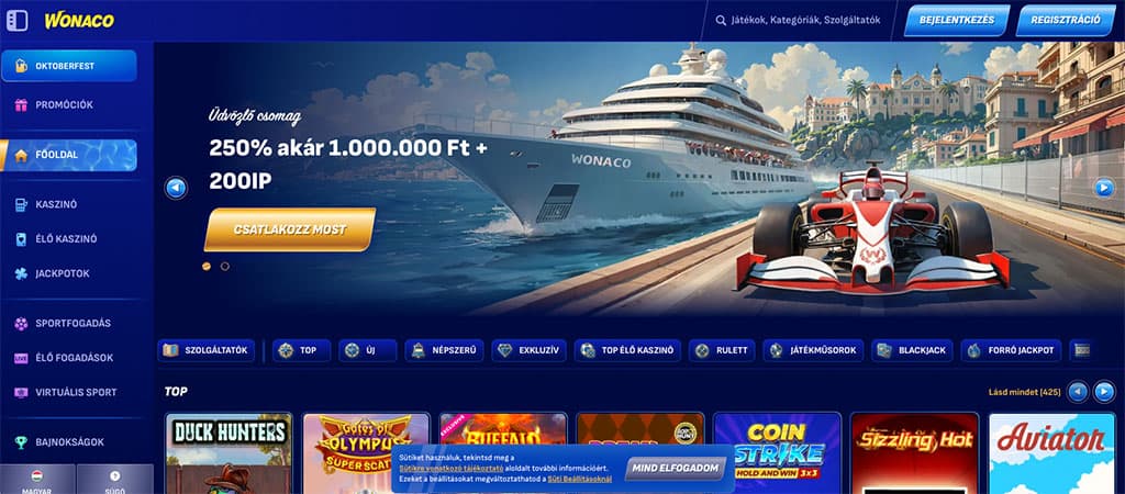 Wonaco casino, főoldal, magyar nyelv, jacht, luxusautó, üdvözlő bónusz, 1.000.000 Ft, navigációs menü, játék kategóriák