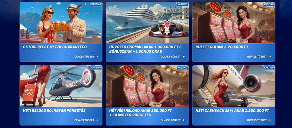 bónusz, Wonaco, Oktoberfest, üdvözlő csomag, rulett, heti reload, hétvégi bónusz, cashback, jacht, helikopter, hölgyek