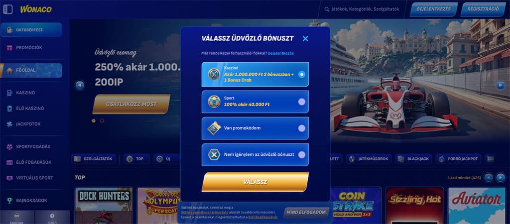 felugró ablak, üdvözlő bónusz választása, kaszinó bónusz, sport, promóciós kód, nem kérek bónuszt, regisztrációs felület