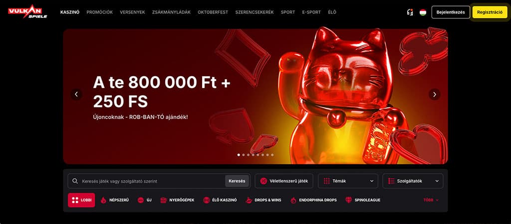 Vulkan Spiele főoldal, kaszinó, promóciók, játékok, bejelentkezés, regisztráció, 800.000 Ft bónusz, 250 ingyen pörgetés