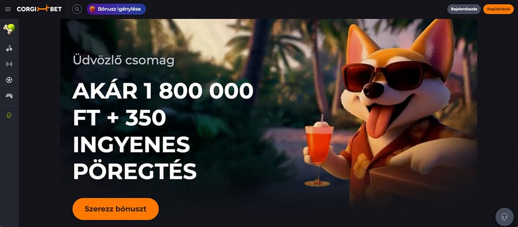 CorgiBet casino, főoldal, üdvözlő csomag, 350 ingyenes pörgetés, corgi kutya, napszemüveg, koktél