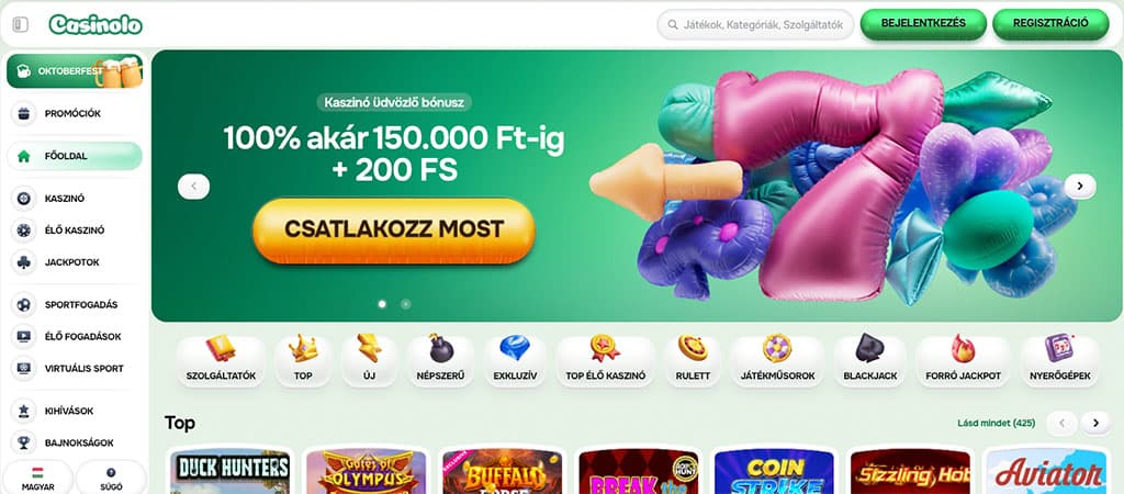   Casinolo főoldal, kaszinó üdvözlő bónusz, 150.000 Ft, 200 ingyenes pörgetés, lufik, menü, játékok