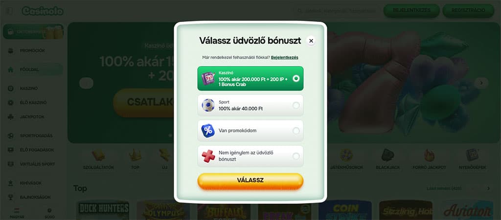 Casinolo Casino, regisztráció, felugró ablak, üdvözlő bónusz választás, kaszinó, sport, promóciós kód, válassz gomb