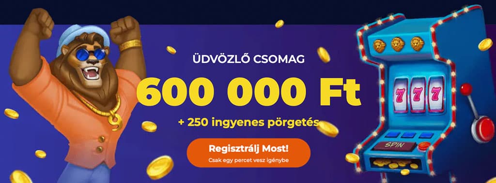 Nine casino, üdvözlő csomag, bónusz, 250 ingyenes pörgetés, nyerőgép 777, oroszlán kabala, aranyérmék, regisztráció gomb