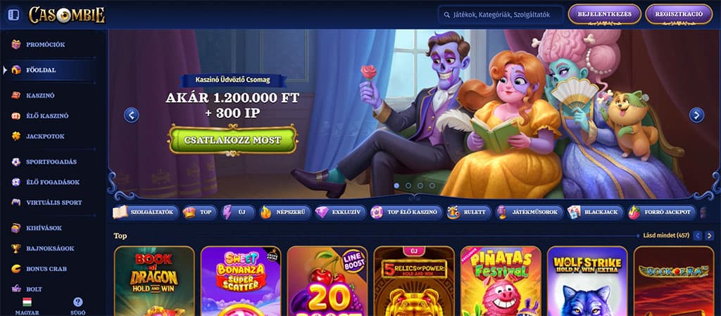 Casombie kaszinó főoldal, színes rajzolt karakterek, játék ikonok, menü, promóciós ajánlatok, bejelentkezés gomb
