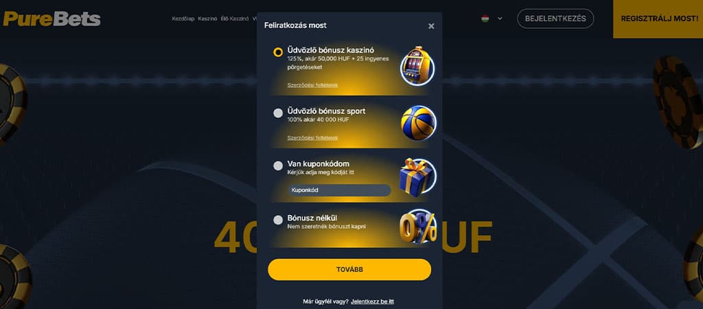 PureBets, regisztrációs felület, üdvözlő bónusz kaszinóhoz és sporthoz, kuponkód mező, bónusz nélküli opció, sárga gomb
