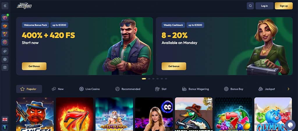 Gangsta casino, bónusz ajánlatok, játékos karakterek, nyerőgépek, promóciók, élő kaszinó, arany gombok