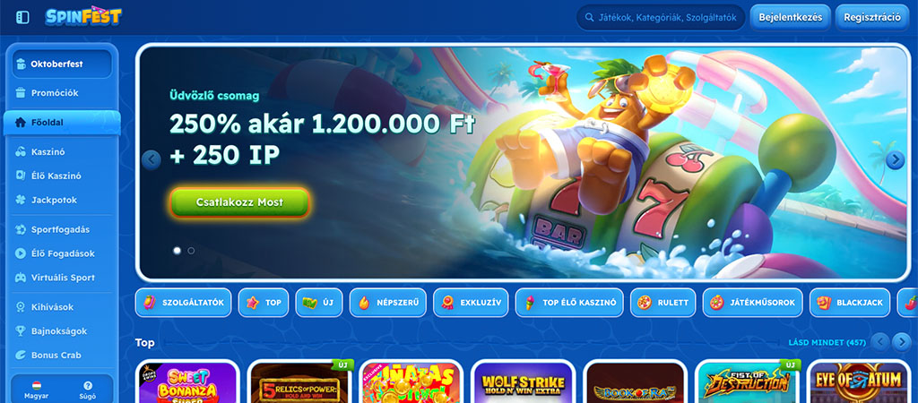 online kaszinó, SpinFest, üdvözlő bónusz, 250% akár 1.200.000 Ft, ingyen pörgetések, játékok, nyerőgépek, promóciók