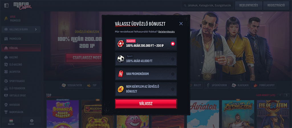 Mafia Casino, Regisztrációs folyamat, online casino, live casino