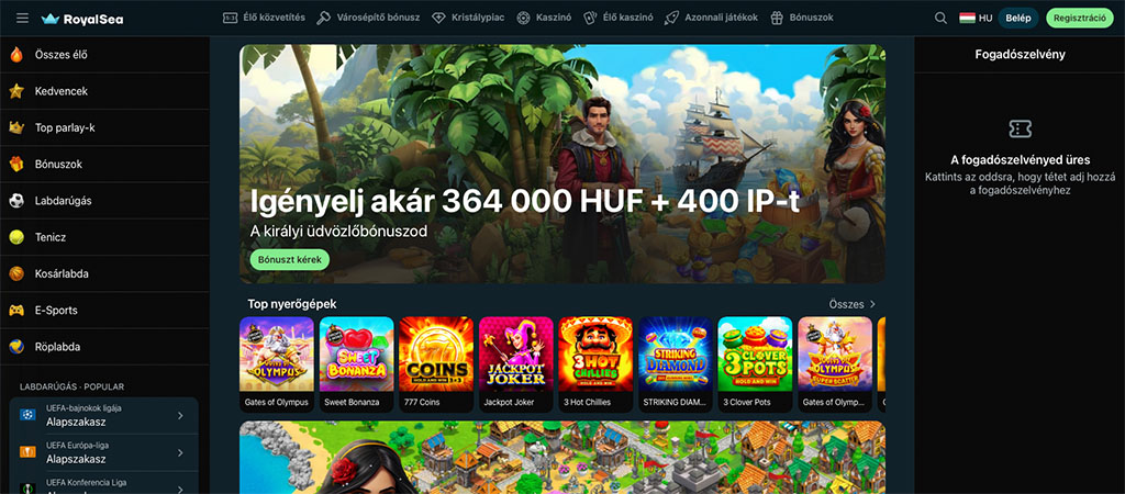 RoyalSea kaszinó, üdvözlő bónusz, promociók