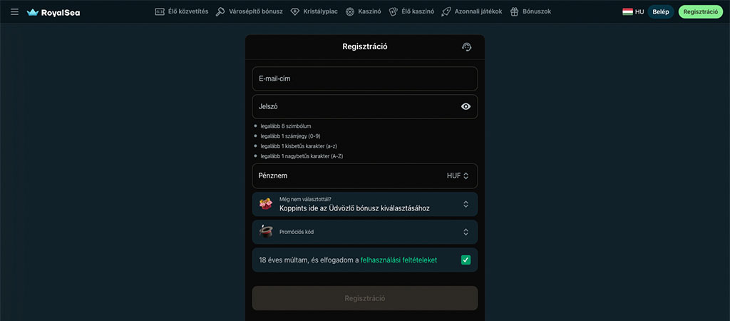 RoyalSea Casino, Regisztráció pár lépésben, online casino