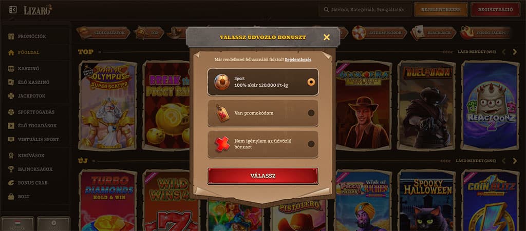 Lizaro Casino, üdvözlő bónusz, regisztráció, bejelentkezés