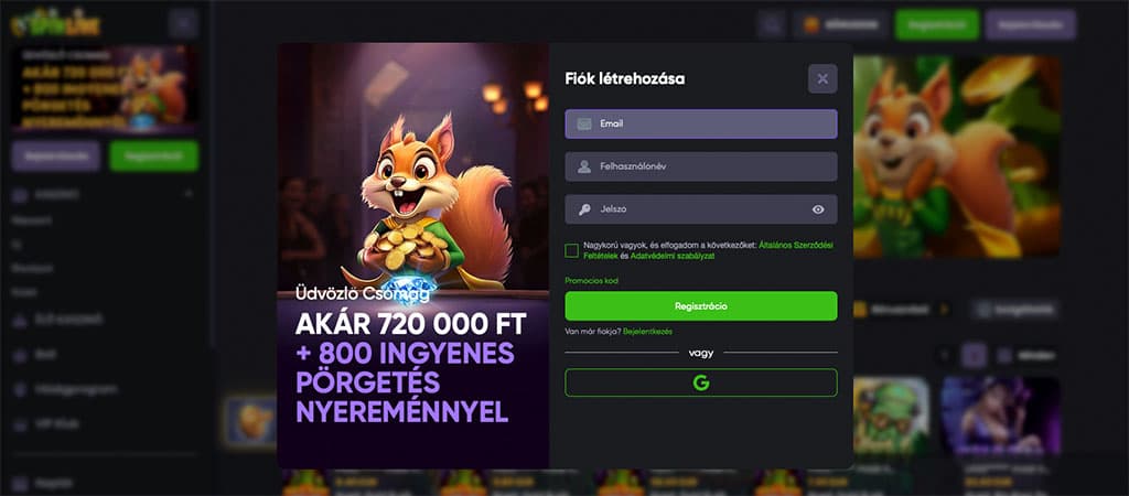 Regisztrációs lépések, online casino, ingyen pörgetés