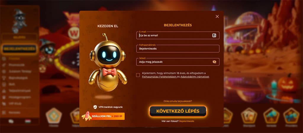 VegaZone Casino, Regisztrációs lépések, bejelentkezés