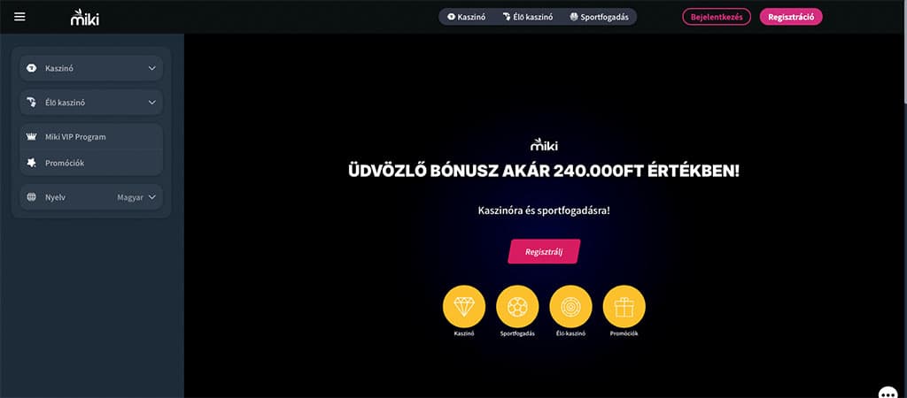 Miki online kaszinó és sportfogadás weboldal, üdvözlő bónusz, navigációs menü, kaszinó játékok, regisztráció