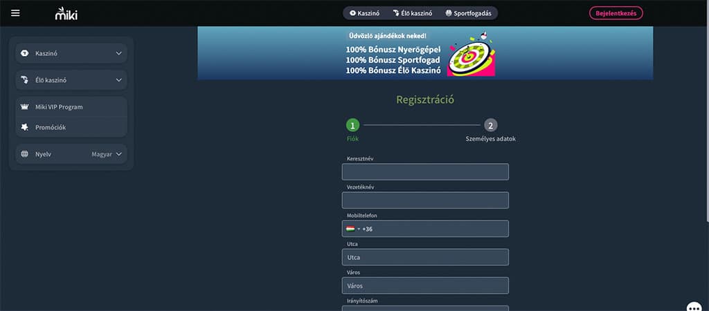 Miki casino regisztrációs űrlap, személyes adatok megadása, bónusz ajánlat, magyar nyelvű felület, játék, fiók létrehozása