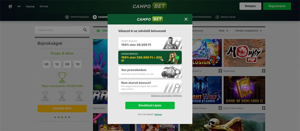 CampoBet Casino, Regisztráció, online casino