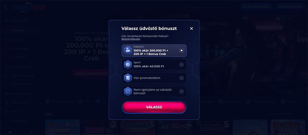 Viperwin Casino, üdvözlő bónusz, regisztráció