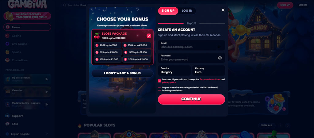 regisztráció, Gambiva Casino, online casino