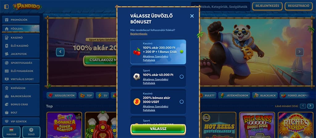 Pandido Casino, üdvözlő bónusz, slot, mobil kaszinó