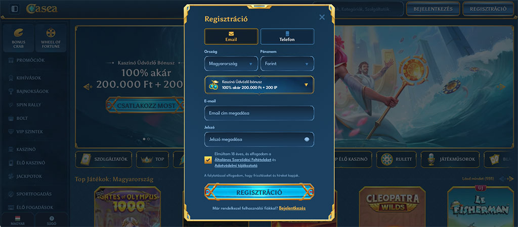 regisztráció, online casino, üdvözlő bónusz