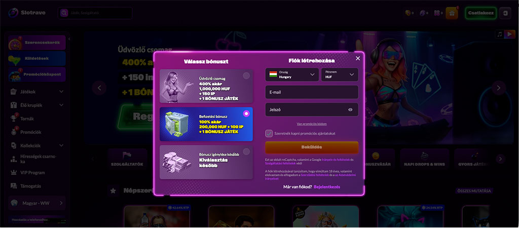 Regisztráció, online casino, üdvözlő csomag