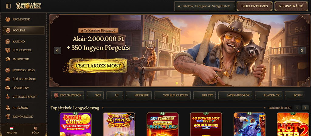 BetWest, online kaszinó, főoldal, bónusz ajánlat, vadnyugati téma, cowboy, mosómedve, nyerőgépek