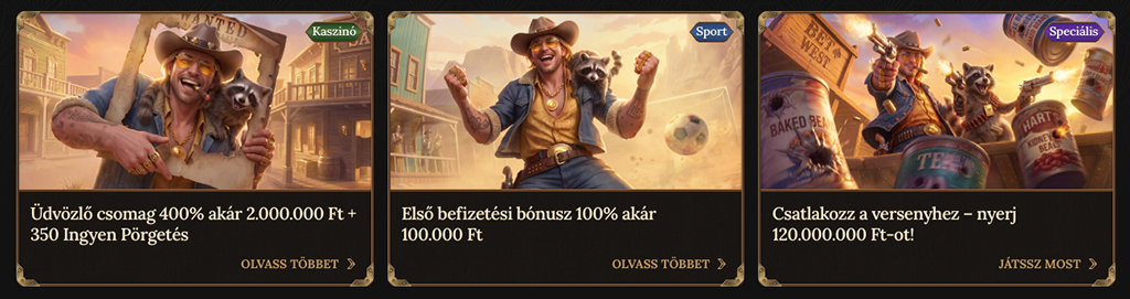 BetWest, kaszinó promóciók, üdvözlő bónusz, sportfogadás, verseny, vadnyugati téma, cowboy, mosómedve