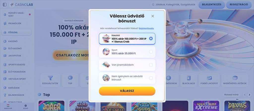CasinoLab weboldal, regisztráció, mobil kaszinó