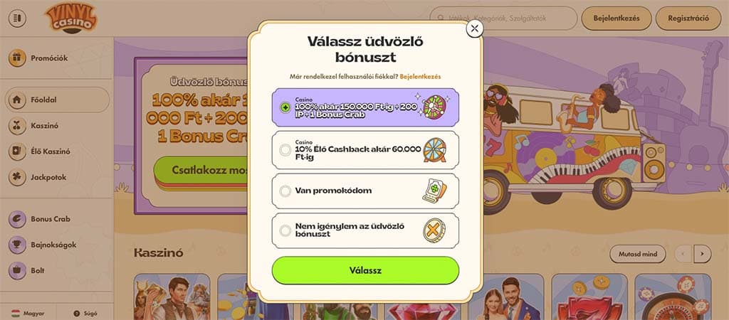 Regisztrációs lépések a Vinyl Casino oldalán, bejelentkezés