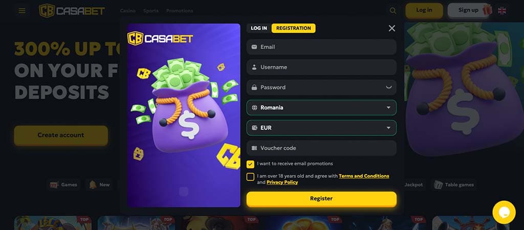 A fiók létrehozásának lépései a CasaBet casino oldalán